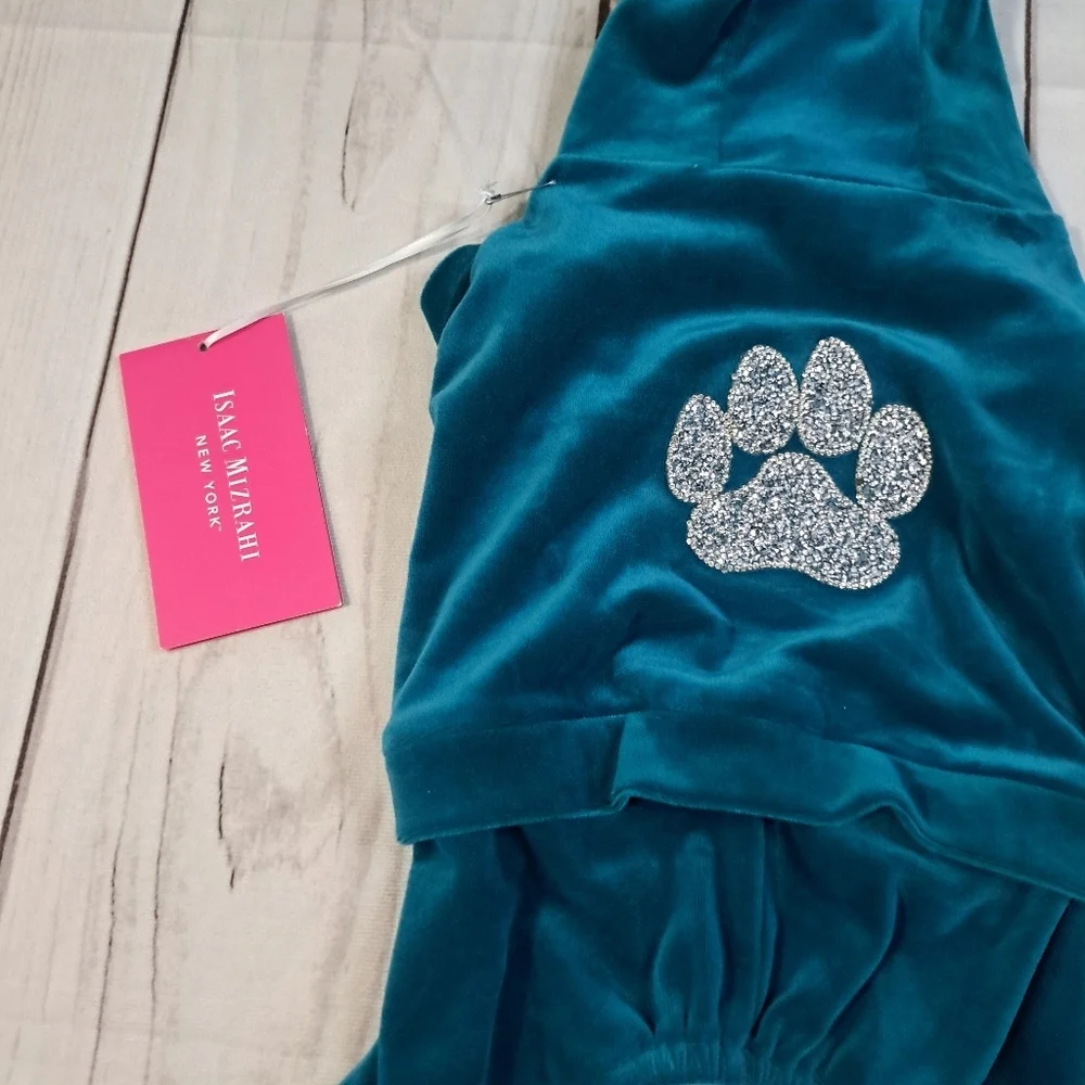 Isaac Mizrahi New York Teal Velour Dog Jumpsuit with Paw Print Size Small